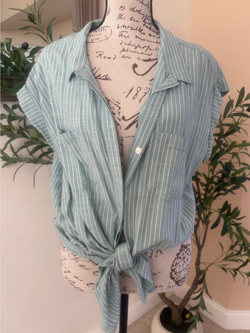 Light Green Striped Tie-Front Women's Button-Up Top